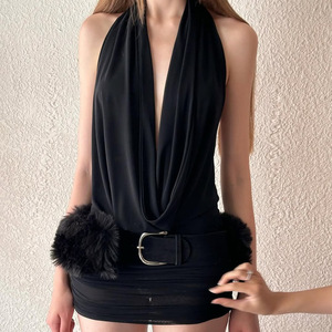Ensemble <span class=keywords><strong>robe</strong></span> deux pièces sexy S5A20500H pour femme, mini-<span class=keywords><strong>robe</strong></span> <span class=keywords><strong>moulante</strong></span> à dos nu et col licou en V profond avec jupe longue en maille - Product Image 4