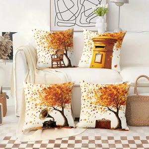 Autumnal throw pillows with vintage scenes of chairs mailboxes gramophones and suitcases under falling leaves - Product Image 2