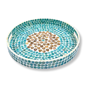 Ensemble de plateau rond en MDF fait à la main avec motif de points sarcelle et incrustation centrale florale dorée Décoration de la maison écologique Super vente - Product Image 3