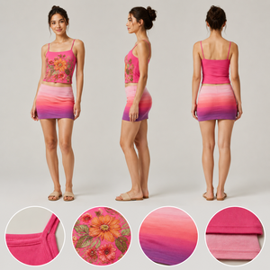 Ensemble deux pièces rose à motifs floraux dégradés pour femme, coupe ajustée, longueur mini, idéal pour les fêtes estivales, fournisseur OEM en gros - Product Image 3