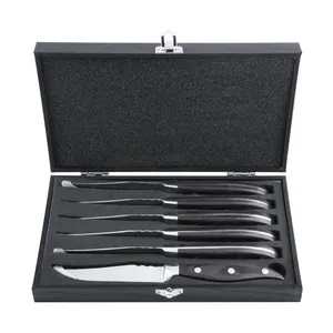 KN456A45FB Ensemble de couteaux à steak de qualité supérieure avec manche en bois Pakka noir Lot de 6 couteaux à steak dentelés en acier inoxydable de 4 pouces