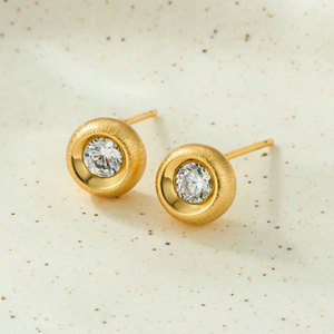 Gold Plated Round Stud Earrings With Zircon Bezel Setting 925 Silver Posts Geometric Ball Shape Fashion Jewelry - Product Image 1