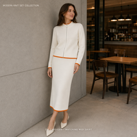 Ensemble deux pièces décontracté : veste tricotée à manches longues brodée cheval color-block et jupe courte en polyester/coton