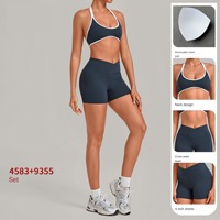 Ensemble 2 pièces de shorts de yoga en Spandex/Nylon effet seconde peau, color block contrastant, pour Pilates et entraînement, respirant et coupe ajustée