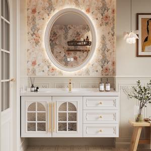 Stainless steel modern French touch illuminated <b>mirror</b> storage cabinet, seamless basin bathroom cabinet - Product Image 1