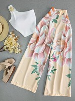 Ensemble pantalon large à imprimé floral pour femme, débardeur blanc et pantalon taille haute, tenue d'été deux pièces, vente en gros personnalisée
