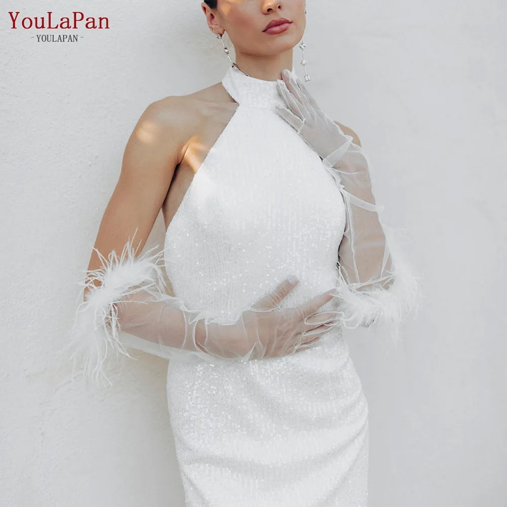 YouLaPan VM23 – gants longs Vintage en Satin Spandex pour Banquet en dentelle, plumes d'autruche, accessoires de mariée, robe de mariée