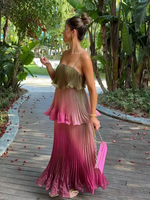 Robe longue plissée multicolore chic pour femme, tenue de vacances d'été, élégante, à fines bretelles, avec volants superposés et coupe fluide