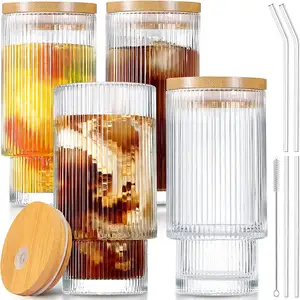 Tazze da caffè scanalate Vintage ghiacciate d'acqua bicchiere in vetro a coste stile Origami bicchiere in vetro a coste con coperchio e cannuccia