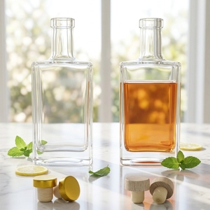 Bouteille en verre vide transparente carrée 500ml <span class=keywords><strong>700ml</strong></span> 750ml pour spiritueux/<span class=keywords><strong>gin</strong></span> avec bouchon en liège et capuchon en bois - Product Image 1