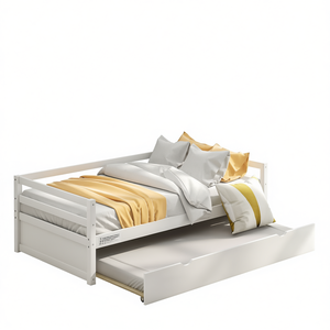 DB Luxury Twin Size Trundle <b>Bed</b> <b>Frame</b> <b>With</b> <b>Storage</b> Modern <b>Wood</b> Upholstered Foam Mattress White - Product Image 1