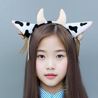 E0027 Serre-tête à oreilles de vache Cerceau à poils d'animaux avec nœud Ruban Cloche Serre-tête à oreilles de vache et cornes Accessoire pour déguisement
