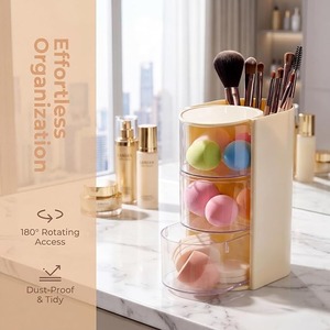 Organisateur de maquillage rotatif à 3 niveaux, boîte de rangement cosmétique anti-poussière en PP, tiroir pour pinceaux, houppettes et outils de beauté - Product Image 4
