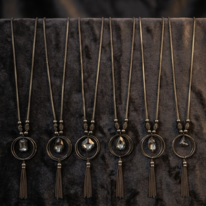 PingBling Designer Gunmetal <b>Long</b> <b>Necklace</b> with Double Circle Zircon Flower Shape Pendant and Chain Tassel Elegant for Women - Product Image 3