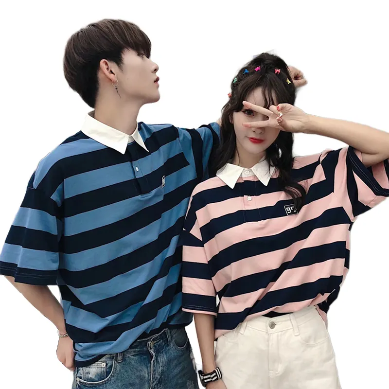Oem Wholesale New style Fashion Male and female couple cotton polo shirt top half sleeve stripe loose hiphop couple T-shirt