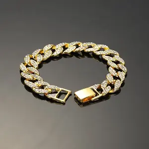 Mens womens cuban link iced out gold silver plated chain with clear rhinestones hip hop bracelet