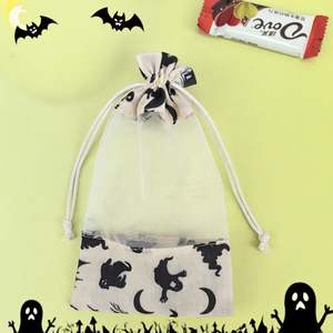Pochette en organza de coton biologique recyclable personnalisée, emballage cadeau pour bijoux, sacs à bonbons brodés avec cordon de serrage pour Halloween - Product Image 3