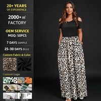 Vestido Maxi Personalizado con Estampado de Leopardo, Hombros Descubiertos, Diseño de Parches, Top Negro de Manga Corta, Cintura Alta, Dos Tonos, Verano, Sexy, OEM, ODM