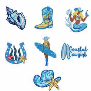 แผ่นปะรูปทรงเกือกม้าลายปักลายลมทะเลสีฟ้า สำหรับตกแต่งเสื้อผ้า หมวก หรือรองเท้าคาวบอย ทำจากผ้ารีดติด - Product Image 1