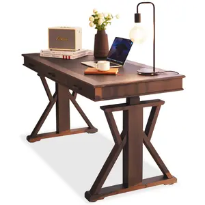 Vintage smoked wood color Double motor electric lift desk with drawer design Leather standing computer workbench Home office