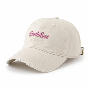 Gorra de papá de sarga de 6 paneles, estilo vintage, lavada y desgastada, color pastel macaron, con bordado de letras 3D <span class=keywords><strong>Goodvibes</strong></span> y visera deshilachada, ajustable - Product Image 1