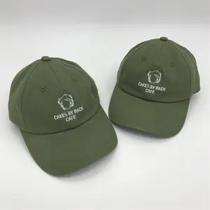 Topi ayah katun logo bordir kustom, topi bisbol hijau zaitun dengan logo