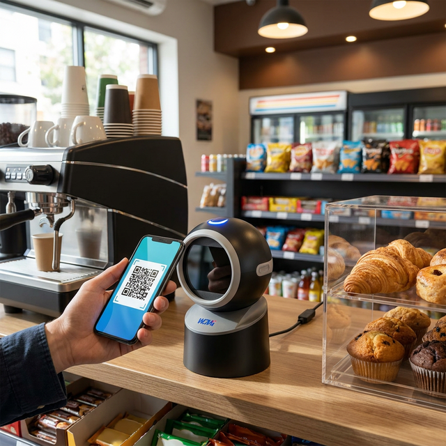 WCMI Hands Free Desktop Barcode Scanner 1D 2D QR Code Reader 360 Light Touch Key for Hotel Restaurant Supermarket Supplier
