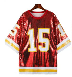 15 Patrick Mahomes for Chiefs Women Red Sequin Jersey Casual Game Day Eco-Friendly Knitted Shirt <strong>Tops</strong> 15 Colors - Product Image 1