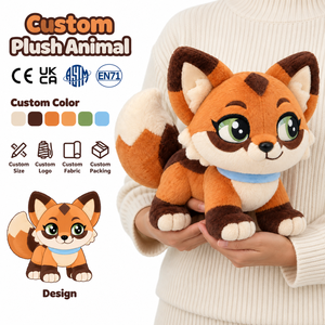 Peluche Personalizzato a Forma di Volpe Arancione con Grandi Occhi Verdi, Coda Folta e Quattro Zampe, Servizio di Sviluppo Prodotto - Product Image 1
