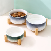 Vente en gros directe d'usine - Bol pour animaux de compagnie en céramique à motif marbré rétro avec support en bambou - Mangeoire surélevée ergonomique pour chats et chiens