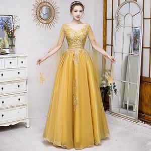 Yellow V-neck Empire Waist Floral Print Evening Gown Women Long Formal Dress For Performance And Events - Product Image 4