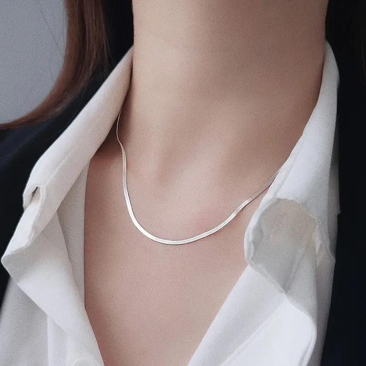 Simple 925 sterling silver herringbone chain necklace personality flat snake choker women clavicle chain necklace
