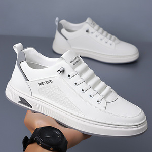Chaussures de marche en cuir croûte blanc pour hommes, style décontracté, à lacets, basses, avec amorti, antidérapantes, bout rond, pour le skateboard - Product Image 3