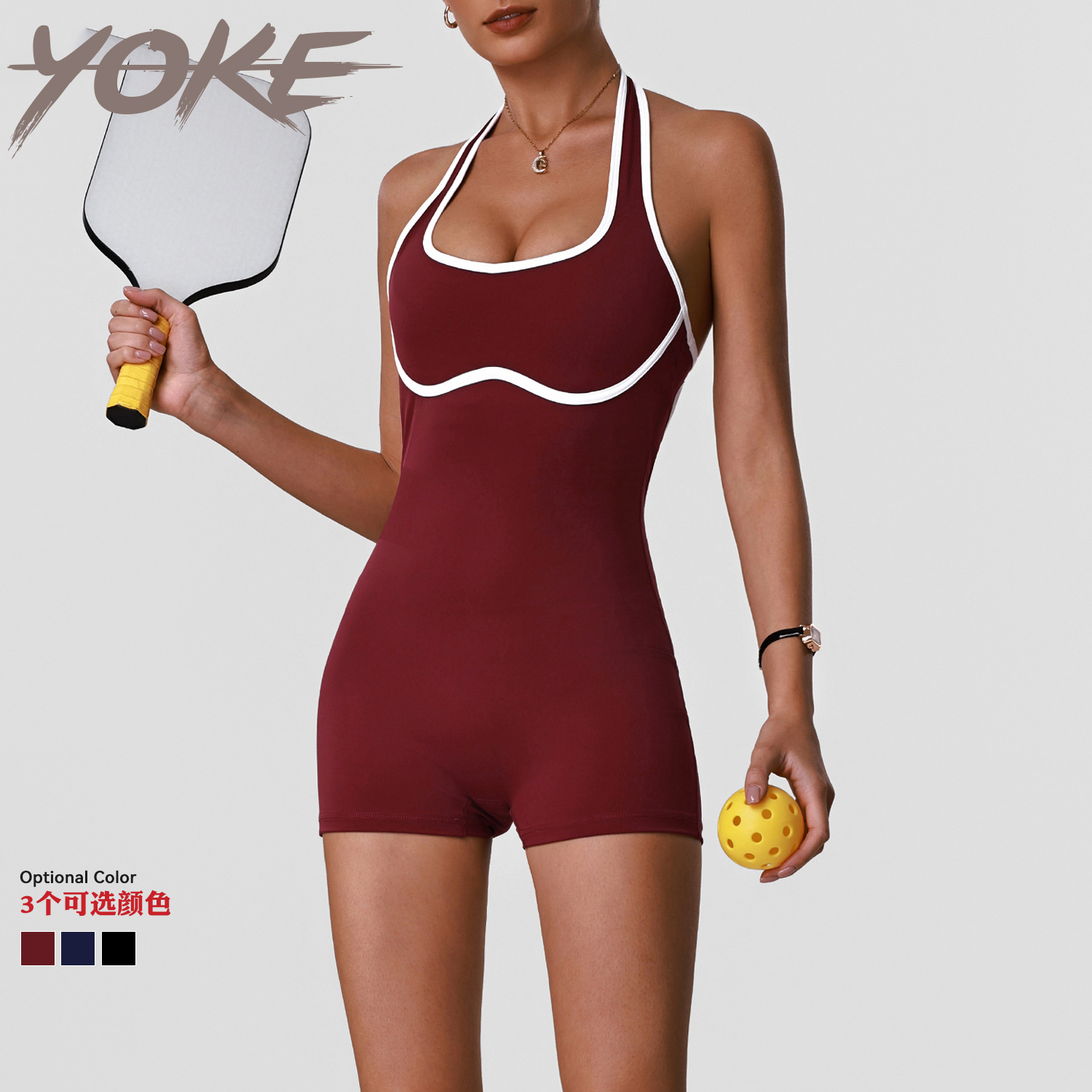 Yoke Contrast Color High-Back Sports Yoga Jumpsuit with Built-in Bra Pads and Tennis Shorts All-in-One Fitness Outfit