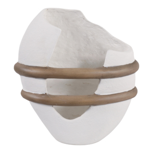 Vaso in ceramica asimmetrico con fasce in legno, decorazione moderna per tavolo da soggiorno o esposizione in ufficio. - Product Image 1