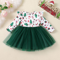 Robe d'automne longue en tulle à imprimé sapin de Noël, manches longues, écologique, lavable, longueur genou, pour les fêtes et les vacances des petites filles