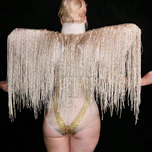 Cantante femminile modello di auto djgogo golden senza carne stretch strass one-piece nappa mantello performance costume femminile - Product Image 2