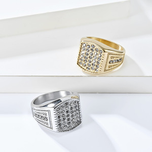 Men's Geometric <b>Titanium</b> Steel <b>Ring</b> 18K Gold Plated Micro Pave Diamond Encrusted Gift Jewelry - Product Image 3