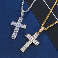 Collier Hip Hop avec pendentif croix glacée en argent sterling 925 plaqué rhodium et moissanite VVS taille baguette, style Bling Rapper