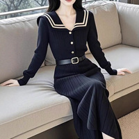 Robe en tricot slim à col marin bleu marine, nouvelle collection automne-hiver pour femmes, style vintage
