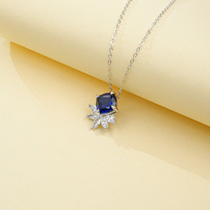 925 Sterling Silver <b>Cushion</b> Cut Lab Created Sapphire Pendant Necklace with CZ Snowflake Accent for Women Wedding Bridal Jewelry - Product Image 4
