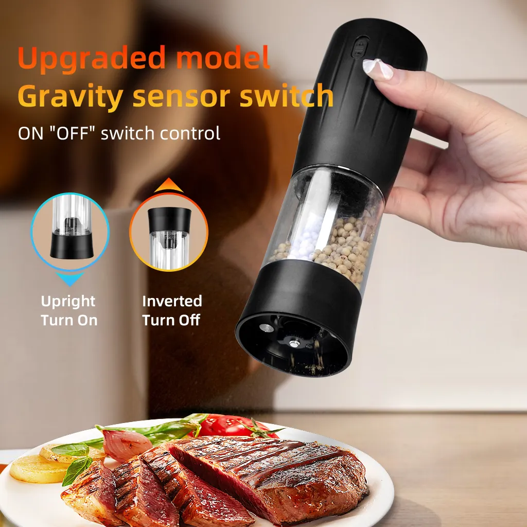 One Hand Operated Gravity Electric Salt and Pepper Grinder Set Automatic Mill Grinder Battery Powered with LED Light