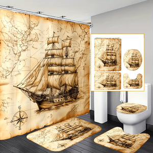 Cortina de Ducha de Poliéster con Estampado Digital de Mapa Marrón y Brújula, Cortina de Baño Impermeable, Venta al por Mayor, Moderna - Product Image 2