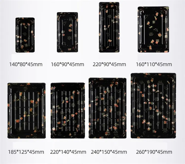カスタムテイクアウト寿司食品包装ボックススクエアボート形状使い捨てプラスチック容器寿司トレイ蓋付き