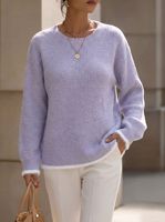 Pull en maille côtelée kaki pour femme, col rond, bordure contrastante en fourrure, manches longues, coupe ample