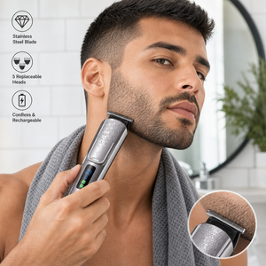 Kit di Toelettatura 5 in 1 con Display LED, Base di Ricarica Senza Fili da 90 Minuti, Lama in Acciaio Inossidabile per Regolazione <span class=keywords><strong>Barba</strong></span> <span class=keywords><strong>e</strong></span> <span class=keywords><strong>Capelli</strong></span> da <span class=keywords><strong>Uomo</strong></span> - Product Image 3