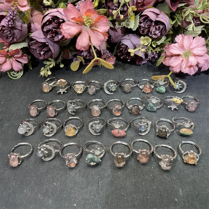 Batu permata penyembuhan alami Jasper laut perhiasan cincin kristal Labradorite untuk wanita