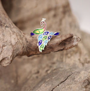 中国風エナメル孔雀クラスターリング メンズ レディース ヴィンテージ オープン アジャスタブル ラッキーリング - Product Image 6