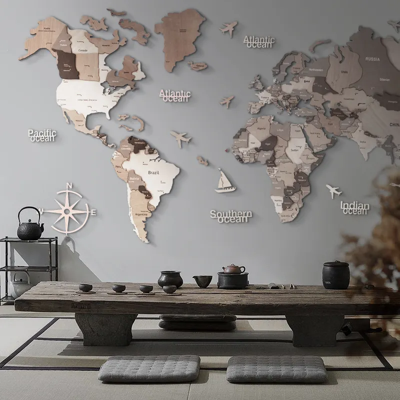 Mapa del mundo de madera sólida grande de estilo escandinavo, colores y tamaños combinados, decoraciones para el hogar, mapa de madera tridimensional