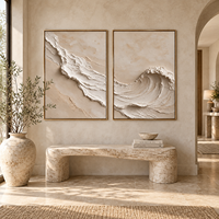Tableau en toile texturé 3D vague océanique beige sculpturale, diptyque côtier neutre pour la décoration d'hôtels, villas, chambres et salons